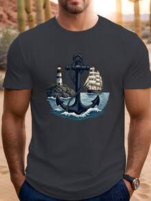 Camiseta de Hombre Talla Grande con Diseño Náutico de Faro y Ancla, PLUS SIZE - Blanco - Ver 9
