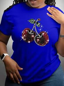 Plus Size, Women's Plus Size Blue T-Shirt With Cherry Print - 藍色 - 查看 1