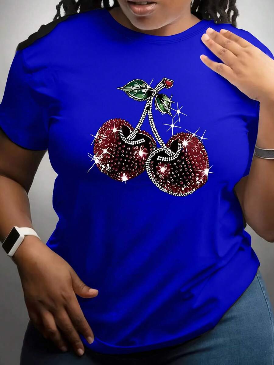 Plus Size, Women's Plus Size Blue T-Shirt With Cherry Print - 藍色 - 查看 1