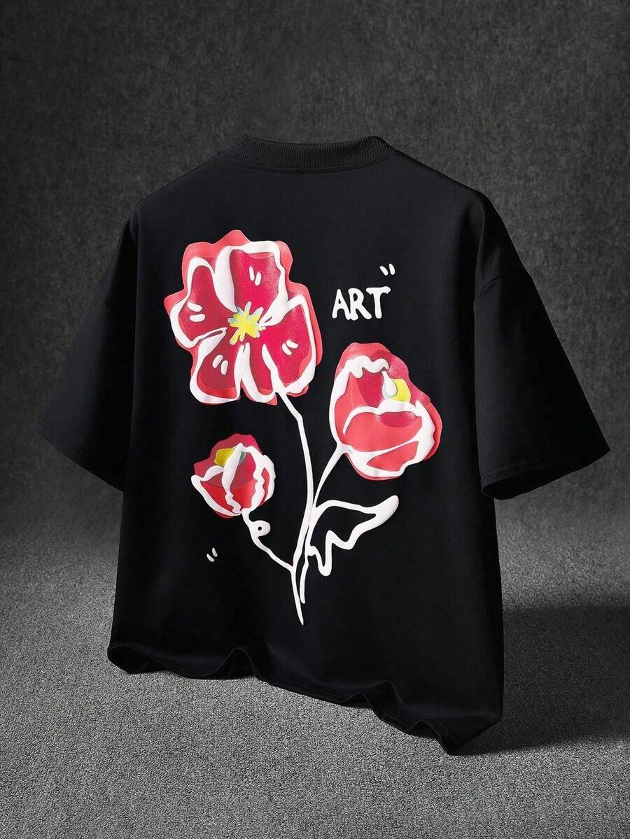 Manfinity Short-Sleeved T-Shirt With Embossed Floral Print, Urban Style. Suitable For - 黑色 - 查看 1