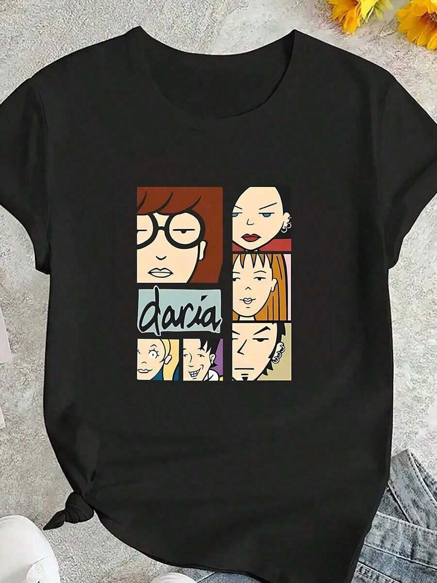 1 Piece Of Women's Fashion T-Shirt With Cartoon Print, Round Neck, Short Sleeves, Simple Casual Sports T-Shirt, Comfortable Summer Vacation Top, 180g 100% Cool Cotton. - 黑色 - 查看 1