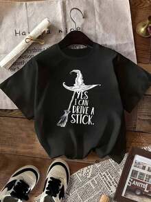 1 Piece Witch Hat Print T-Shirt - Blend ( , Elastane) - Round Neck - Medium Stretch - Short Sleeve - Casual Black T-Shirt For Women - Spring/Summer Collection 180g 100% Cotton - 黑色 - 查看 2