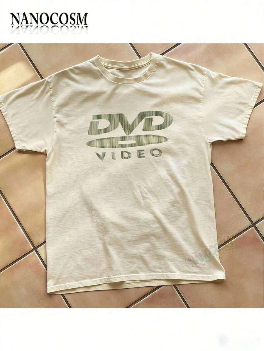 Cute Unisex Premium Casual T-Shirts [100% Cotton] With Nostalgic Green DVD Video Logo, Vintage Video Game Print, 2000s Aesthetic, Good Quality Retro T-Shirts, Casual Short Sleeve Crew Neck Tops For Spring/Summer/Autumn - Unisex Everyday Wear For Women And Men For Campus - 杏色 - 查看 1