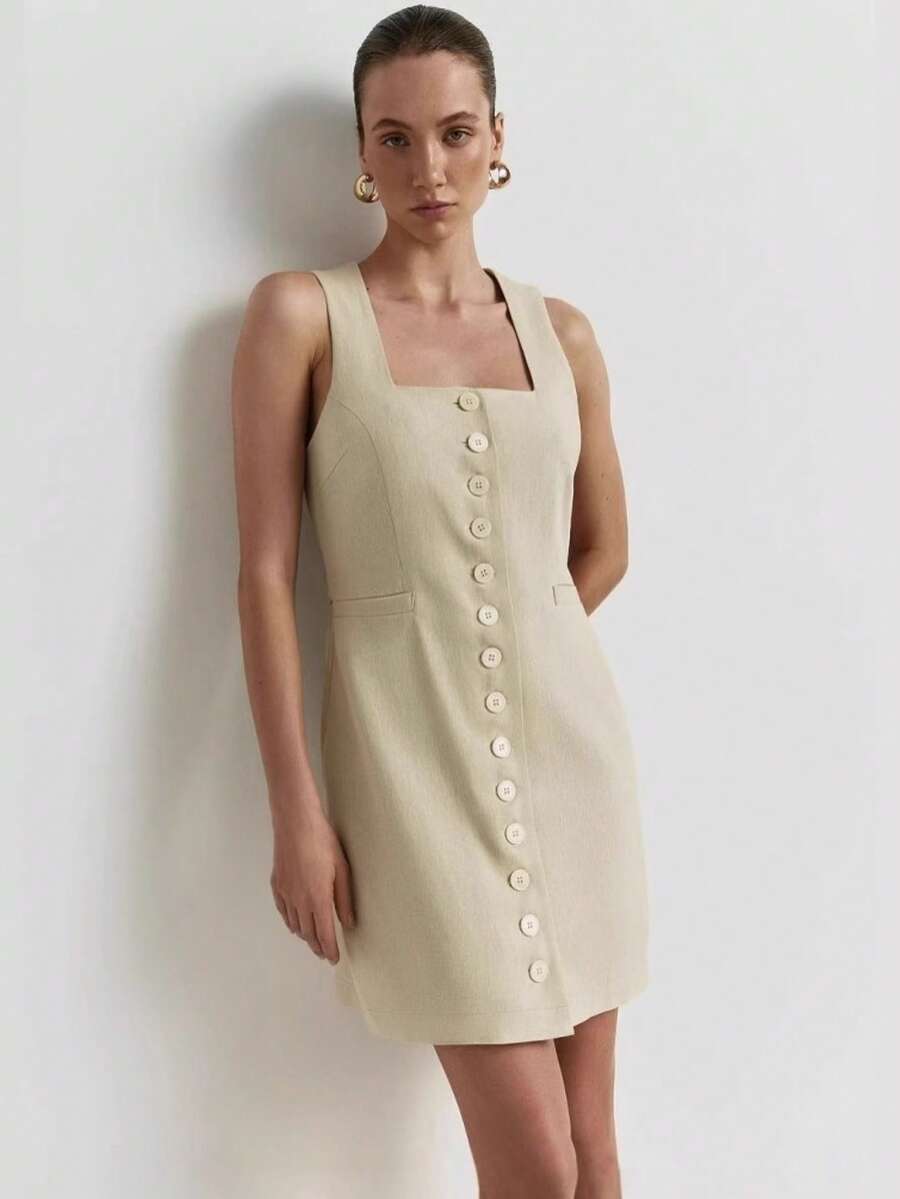 Sleeveless Button-Down Dress With Round Neck, Elegant Summer Style 2026 - 杏色 - 查看 1