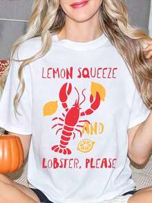 Women's "Lemon Squeeze And Lobster Please" Graphic Print Crew Neck T-Shirt, Summer Casual Wear, Gift For Friends, Suitable For Summer And Autumn Celebrations, Perfect Gift For Patriots And Independence Day. - 白色 - 查看 1