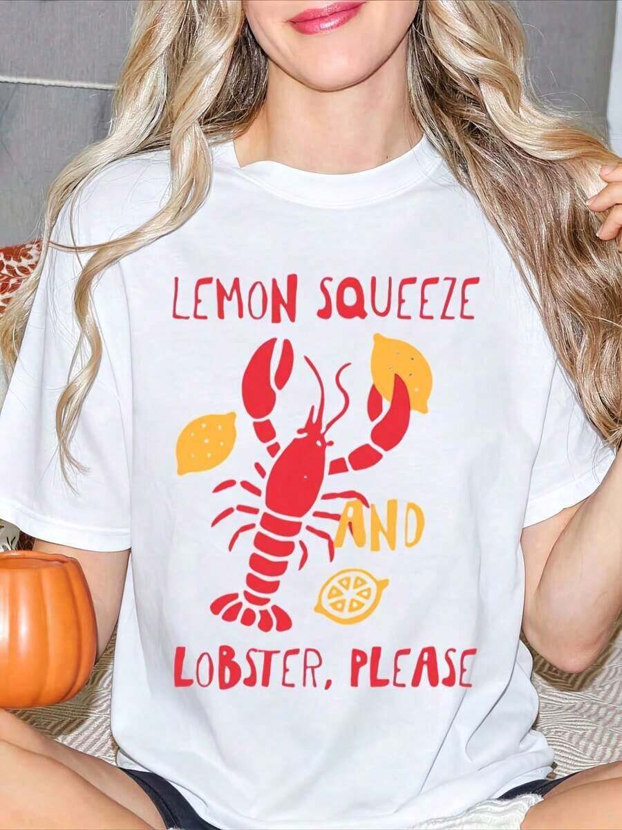 Women's "Lemon Squeeze And Lobster Please" Graphic Print Crew Neck T-Shirt, Summer Casual Wear, Gift For Friends, Suitable For Summer And Autumn Celebrations, Perfect Gift For Patriots And Independence Day. - 白色 - 查看 1