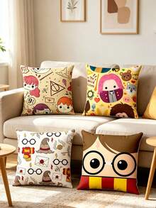 Harry Potter Wizarding World Sofa Cushion Cover, Cute Chibi Character & Icon Print Cushion Cases For Fans,Celebrate Your Love For The Wizarding World With These Adorable Harry Potter Pillow Covers, Featuring Whimsical Chibi-Style Characters And Iconic Symbols From The Series. - Pillowcase - View 10