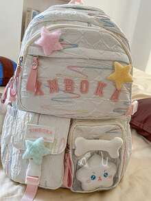 Mochila con colgante de peluche de estrella linda, mochila bordada de estilo femenino, mochila de gran capacidad para estudiantes de secundaria/preparatoria - Multicolor - Ver 8