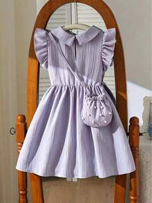 Young Girl' Fashion Casual Cute Beaded Collar Solid Color Dress + Beaded Handbag - Mauve Purple - View 3