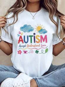 Women's Cotton T-Shirts, Autism Awareness T-Shirt, Colorful Accept, Understand And Love Design For Autism Support And Promotion, Perfect For Autism Awareness Month And Special Needs Events, Women's Basic Blouses. - 白色 - 查看 2