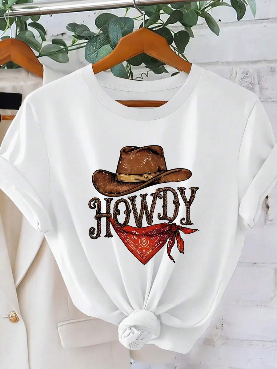 Hello! This Women's Short-Sleeved T-Shirt Features A Vintage Western Cowboy Hat And Scarf Print, Perfect For Spring And Summer Casual Wear. It Has A Ranch Vibe With A Unique Design, An Easy-To-Wear Crew Neck, And Is Comfortable And Breathable. Ready To Go! - 白色 - 查看 1