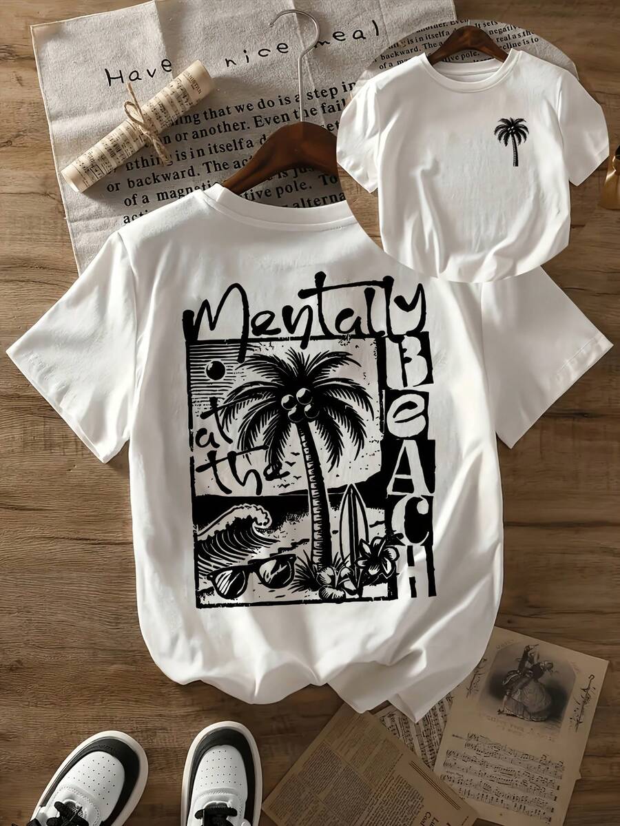 Women's Summer T-Shirt With A Double-Sided Design Featuring A Vintage Beach Palm Tree Pattern And The Phrase "Mentally At The Beach", In A Casual Short-Sleeve, Round-Neck Design. - 白色 - 查看 1