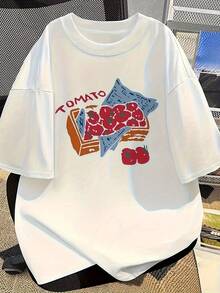 Modern And Minimalist Women's T-Shirt, Korean Style, With Tomato And Cherry Tomato Print - Short Sleeve Summer T-Shirt With Tomato Slice And Cherry Tomato Designs, Casual Shirt Suitable For Spring And Summer Outfits (White) For Everyday Wear. - 白色 - 查看 7