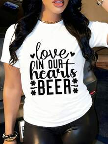 Modern And Minimalist Women's T-Shirt With A Heart-Shaped Beer Design, Available In White. This Limited-Edition T-Shirt Is Perfect For Everyday Wear, Suitable For The Office, Dates, And Social Events. Ideal For Spring And Summer Fashion. Casual Everyday Wear - 白色 - 查看 1