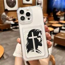 1 unidad Silueta religiosa de Jesús con cruz Funda para iPhone 17, protección anticaída con airbag reforzado en las cuatro esquinas, tarjetero invisible integrado en la parte trasera, compatible para tarjeta personal, carnet de conducir, tarjeta de acceso y tarjeta de transporte, funda protectora antigolpes portátil con ranura para tarjetas, diseño sencillo y elegante, ideal para uso diario, desplazamientos y viajes - transparente - Ver 1
