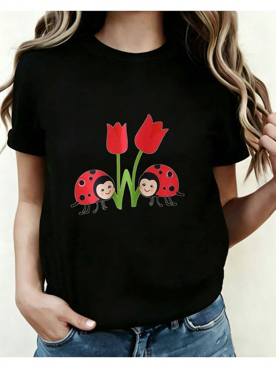 Women's Italian-Themed T-Shirt, Italian Map Print, Ladybug Design, Inscriptions Of Amalfi Coast, Florence, Rome, Venice, Casual Short-Sleeved Round Neck Top, Travel Souvenir Gift, Suitable For Short-Sleeved Round Neck T-Shirt With Pattern I01 - Unisex Urban Vintage Style Loose Cotton T-Shirt. - 黑色 - 查看 1
