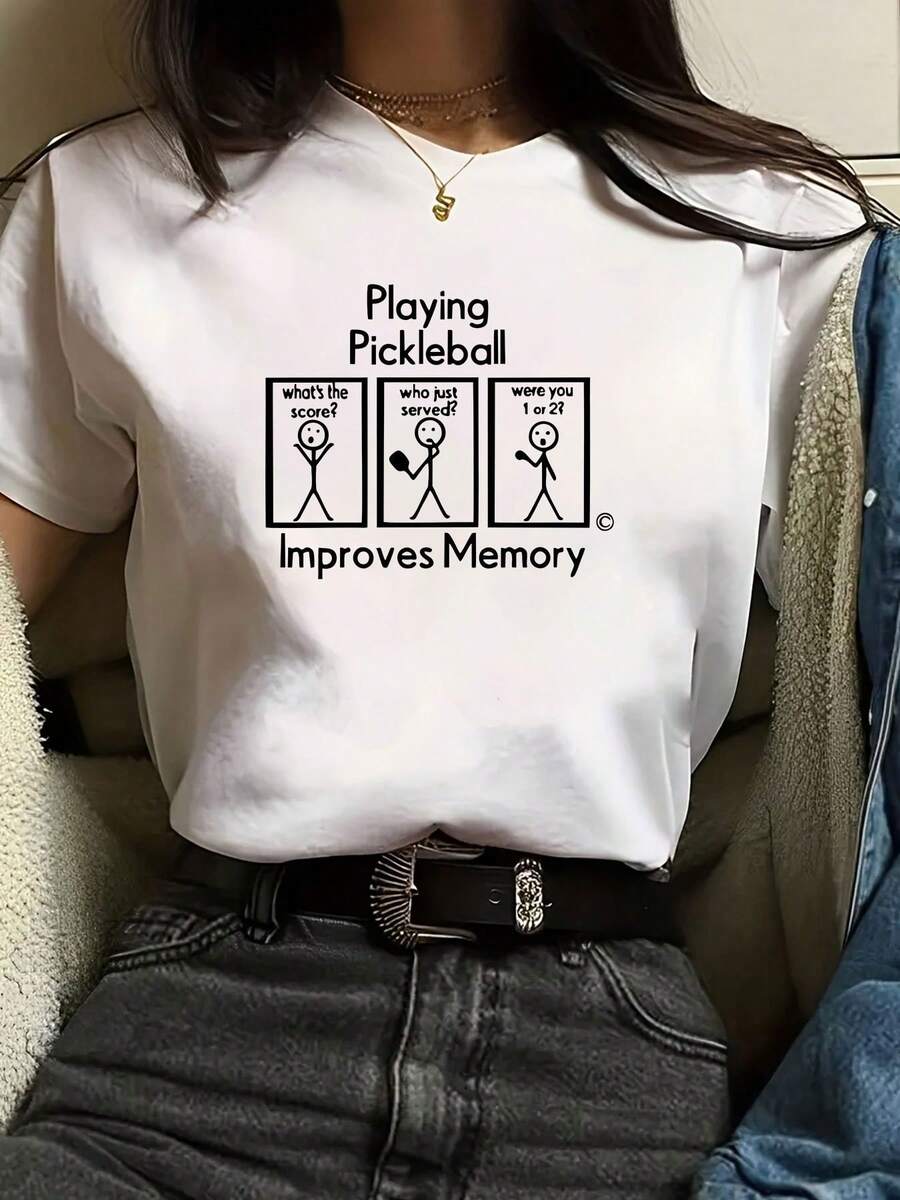 Women's Casual Short-Sleeved Cotton T-Shirt With A Round Neck And A Fun Pickleball Print - This Loose-Fitting White T-Shirt With A Round Neck Is Suitable For Spring, Summer, And All Seasons. It's A Versatile, All-Season Garment And Machine Washable. A Simple T-Shirt For Everyday Wear. - 白色 - 查看 1
