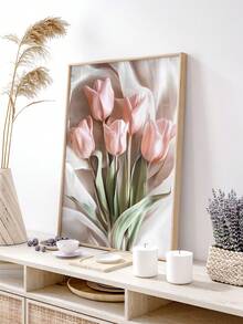 三幅粉色花卉墙画，优雅郁金香绘画海报，樱花装饰画，植物墙画，夏季装饰品，客厅墙面装饰，无框 - 花 - 查看 5