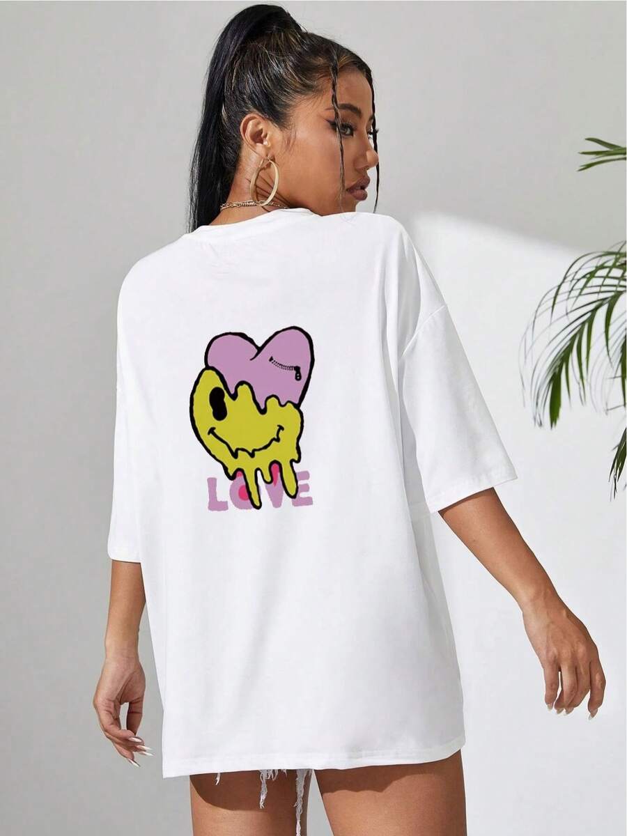 2026Camiseta con hombros caídos, con estampado de letras y diseños de dibujos animados.2026 - Blanco - Ver 1