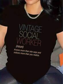 Modern, Casual Women's T-Shirt, Perfect For Parties And Lounging At Home, 100% Cotton, Loose Fit. Vintage Social Worker T-Shirt, Durable And Comfortable, Ideal For The Office Or Home, With A Stylish Text Design, A Perfect Gift For Social Service Professionals. - 黑色 - 查看 1