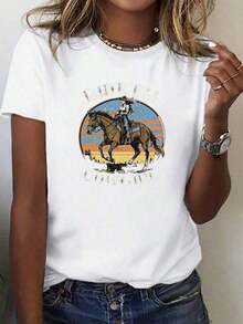 Under The Radar Women's Denim Print Crew Neck T-Shirt, Casual Short Sleeve Top For Spring And Summer, Women's Clothing - Unisex Loose Fit Cotton Short Sleeve Crew Neck T-Shirt, Vintage Urban Style - 彩色 - 查看 1