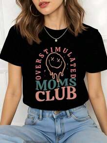 Women's Premium Casual Face T-Shirt, Overstimulated Moms Club, 100% Cotton, 1 Piece, Graphic Print T-Shirt, Basic Cotton Crew Neck T-Shirt For Women, Gift Idea - 黑色 - 查看 1