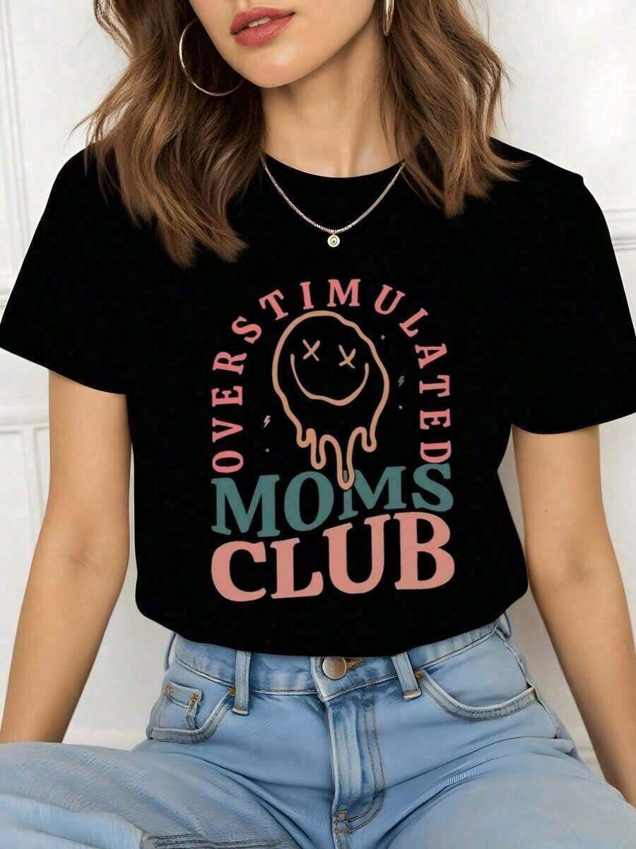 Women's Premium Casual Face T-Shirt, Overstimulated Moms Club, 100% Cotton, 1 Piece, Graphic Print T-Shirt, Basic Cotton Crew Neck T-Shirt For Women, Gift Idea - 黑色 - 查看 1