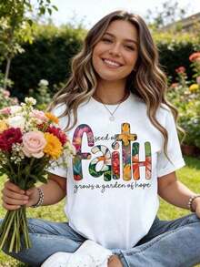 Women's Blouses: Women's Round Neck T-Shirt With Floral Print Of Faith And Inspirational Quotes, Short Sleeve, Casual Summer Clothing For Daily Wear And Religious Events, Y2keurmuse Style - 白色的 - 查看 3