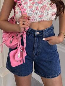 Short en jean bleu ajusté sans stretch, taille mi-haute, mode minimaliste personnalisée pour femme, polyvalent pour l'été, décontracté - Jean brut - Voir 4