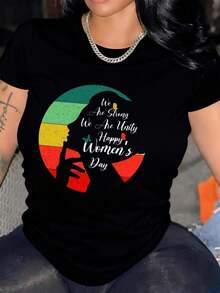 Women's "Strong Mexican Unity" T-Shirt For Women's Day, Graphic Tees, Fashion Gifts, Summer T-Shirt, Machine Washable, Vintage Inspired Summer Clothing, Comfortable Fit, Ideal For Spring And Summer, Perfect For Everyday Wear, Fashionable Summer Cotton T-Shirt - 黑色 - 查看 6