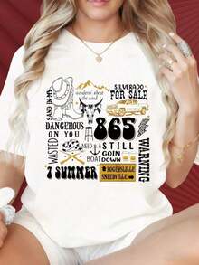 Women's Short-Sleeved Crew Neck T-Shirt With A Fun Print Featuring Cowboy Boots, A Truck, And A Mountain And Skull Graphic For 865 Still Goin Down Rogenslille Sneeville. Summer Warning: Dangerous For You. Suitable For Christmas Parties, Sports Activities, Holiday Parties, Outings, Sports, And Other Holiday Gifts (220g). Women's Blouses - 白色 - 查看 5