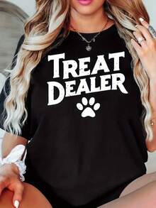 Women's Short-Sleeved T-Shirt With Front And Back Print, Pet Snack Shop Print, Dog Snack Shop Print T-Shirt, Casual Black Round Neck T-Shirt, Elastic, Machine Washable, Suitable For Spring/Summer/Autumn. - 黑色 - 查看 1