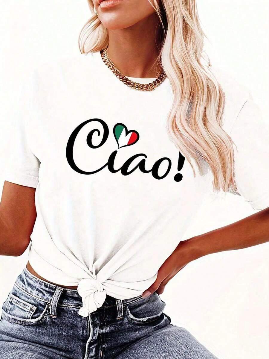 Soft 100% Cotton T-Shirt. Stylish Italian Ciao! Heart Print T-Shirt | Women's Casual Short Sleeve Crew Neck T-Shirt, Stretchy, Washable, Comfortable Fit For All Seasons, Breathable, Cotton, Versatile And Cool - 白色 - 查看 1