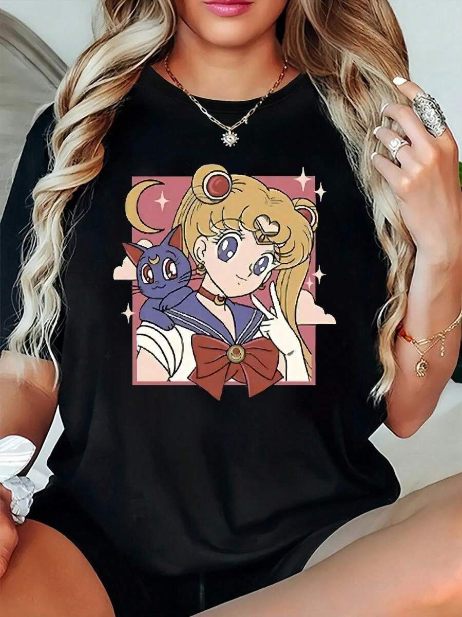 Women's T-Shirt, Black Short-Sleeved T-Shirt With Beautiful Girls And Cats Prints, Soft And Gluten-Free Micro-Elastic Round Neck T-Shirt, Casual Design, Cool And Breathable, Dazzling Personality, Fashionable Cool Style Blouse Suitable For Everyday Casual, Comfortable And Lazy - 黑色 - 查看 1