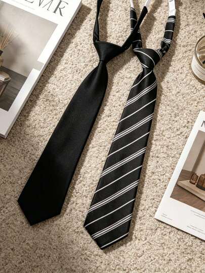 1pc Japanese Style JK School Uniform Tie Set, Solid Black + Striped Tie, Versatile School Student Accessory