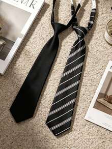 1 pieza Conjunto de corbata de estilo japonés JK uniforme escolar, negro sólido + corbata a rayas, accesorio versátil para estudiantes escolares - Blanco y Negro - Ver 2