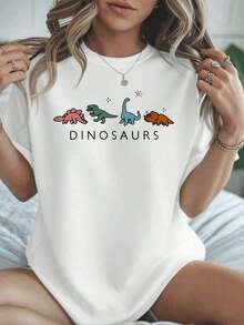 Fashion Printed T-Shirts For Women, Oversized Streetwear Tops, Comfortable And Stylish All-Match Summer Tees. Dinosaur Print T-Shirt, 220g Cotton, Casual Summer Crew Neck Short Sleeve T-Shirt (1 Unit) - 白色 - 查看 6