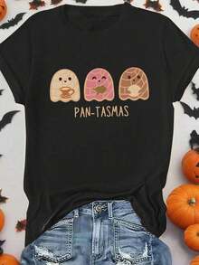 Women's Casual Short-Sleeved Printed T-Shirt With A Fun Halloween And Day Of The Dead Design Featuring Ghosts, Mexican Sweet Bread, And Conchas. Suitable For All Seasons, Regular Length. - Black - View 1