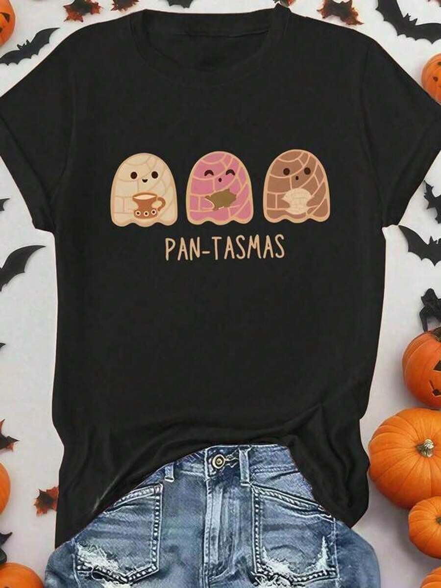 Women's Casual Short-Sleeved Printed T-Shirt With A Fun Halloween And Day Of The Dead Design Featuring Ghosts, Mexican Sweet Bread, And Conchas. Suitable For All Seasons, Regular Length. - Black - View 1