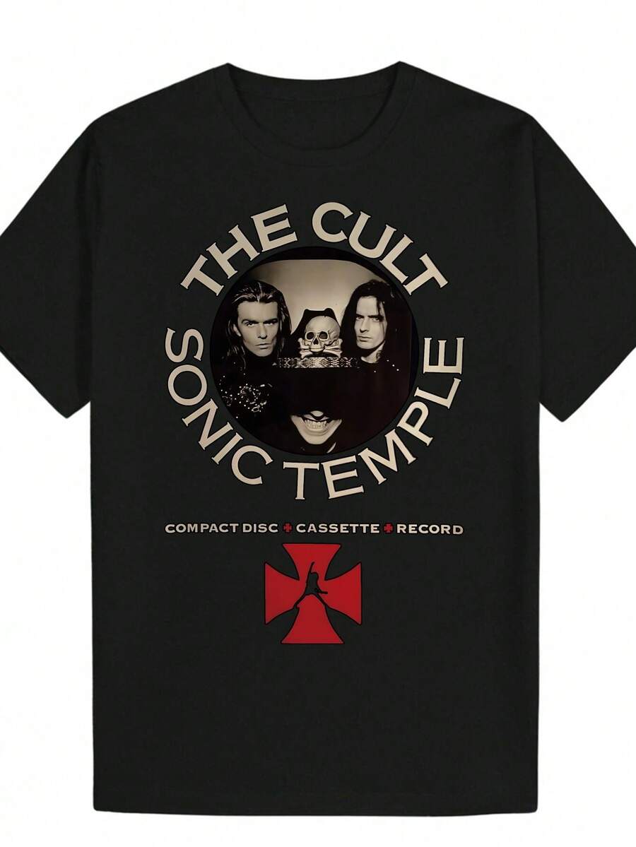 Men's Loose-Fitting Casual T-Shirt With A CULT Design Featuring Three Character Portraits, Summer Urban Fashion, Fitted T-Shirt, Short-Sleeved Summer Top With A Round Neck And Breathable Mcomfort, Suitable For Travel, Home And Parties, A Perfect Gift For Women And Men. - 黑色 - 查看 1