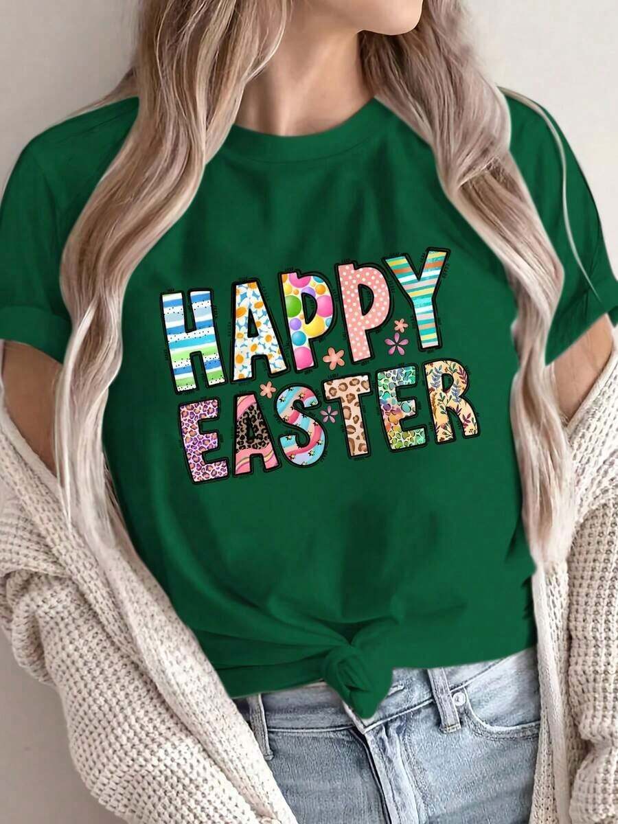 1 Piece Fashion Casual T-Shirt For Men And Women, Short Sleeve With Easter Letter Print And Round Neck UC3W. Versatile, Easy To Match, Suitable For Daily Wear, Urban Style, Holiday Wear, Weekend Wear. - 深綠色 - 查看 1