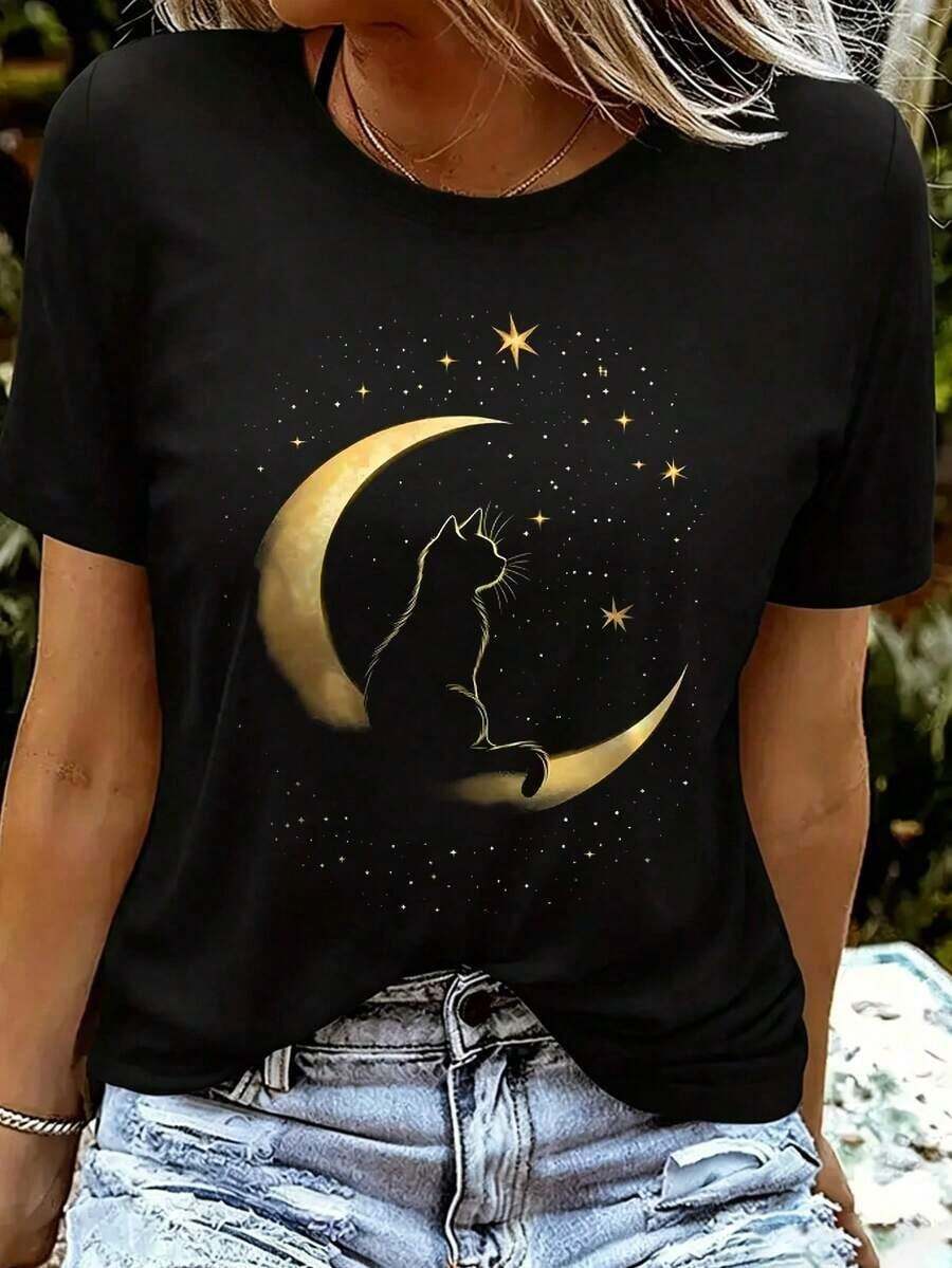 Playera Casual Oversize Mujer con Diseño "Gato en la Luna" - Estilo Celestial y Cute - Negro - Ver 1
