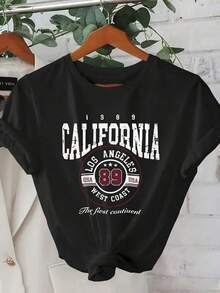 1pc Women's T-Shirt Unique Y2K Style T-Shirt With Retro California Los Angeles Design, Perfect For Highlighting Your Casual And Modern Style. Ideal For Any Occasion, Show Off Your Love For Urban And Western Culture With This Essential Piece For Your Wardrobe. Short Sleeve Cotton T-Shirt - 黑色 - 查看 6
