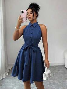 Vestido de cuello de camisa sin mangas con efecto de lino de dos tonos y efecto de mezclilla, silueta en línea A, diseño elegante y romántico, adecuado para uso al aire libre - Azul lavado oscuro - Ver 7