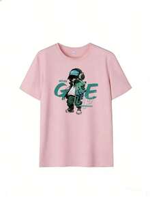 Anime-Style Character T-Shirt With "NEVER GIVE UP" Text.  Short-Sleeved T-Shirt For Spring And Summer 2026, Made In Mexico, 180 Grams. Cartoon Print, Couple Design, Suitable For Indoor Or Outdoor Wear. Crew Neck, Unisex, Ideal For The Office And Leisure. One-Pack. - PK-P631577SLNDXZGY597 - 查看 2