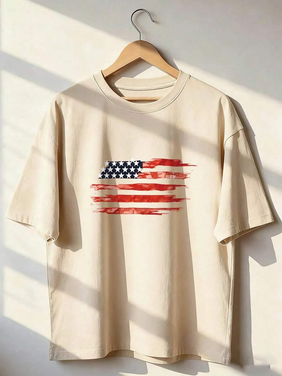 American Flag T-Shirt In Painted Style, Fashionable Short-Sleeve T-Shirt For Spring/Summer 2026, Made In Mexico, 180 Grams. Cartoon Print, Couple Design, Suitable For Indoor Or Outdoor Wear. Crew Neck, Unisex, Ideal For Office And Leisure. One-Pack. - APR-P631577SLNDXZGY613 - 查看 1
