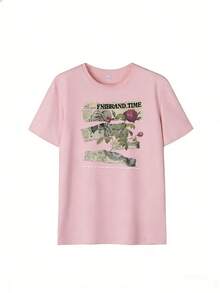 T-Shirt With Rose And Retro Newspaper Design, Fashionable Short-Sleeved T-Shirt For Spring And Summer 2026, Made In Mexico, 180 Grams. Cartoon Print, Couple Design, Suitable For Indoor Or Outdoor Wear. Crew Neck, Unisex, Ideal For Office And Leisure. One-Pack. - PK-P631577SLNDXZGY581 - 查看 2