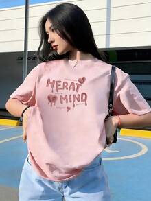 T-Shirt With "HEART MIND" Text And Pink Hearts,  Short-Sleeved T-Shirt For Spring And Summer 2026, Made In Mexico, 180 Grams. Cartoon Print, Couple Design, Suitable For Indoor Or Outdoor Wear. Crew Neck, Unisex, Ideal For The Office And Leisure. One-Pack. - PK-P631577SLNDXZGY610 - 查看 3