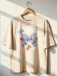 Blue Butterfly T-Shirt With "Positive World" Text, Fashionable Short-Sleeve T-Shirt For Spring/Summer 2026, Made In Mexico, 180 Grams. Cartoon Print, Couple Design, Suitable For Indoor Or Outdoor Wear. Crew Neck, Unisex, Ideal For The Office And Leisure. One-Pack. - APR-P631577SLNDXZGY627 - 查看 1
