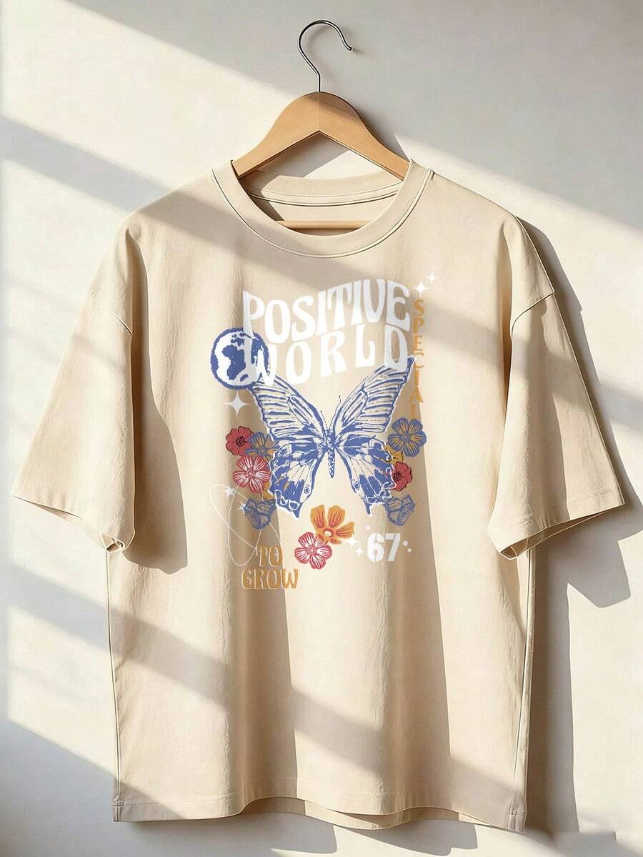 Blue Butterfly T-Shirt With "Positive World" Text, Fashionable Short-Sleeve T-Shirt For Spring/Summer 2026, Made In Mexico, 180 Grams. Cartoon Print, Couple Design, Suitable For Indoor Or Outdoor Wear. Crew Neck, Unisex, Ideal For The Office And Leisure. One-Pack. - APR-P631577SLNDXZGY627 - 查看 1